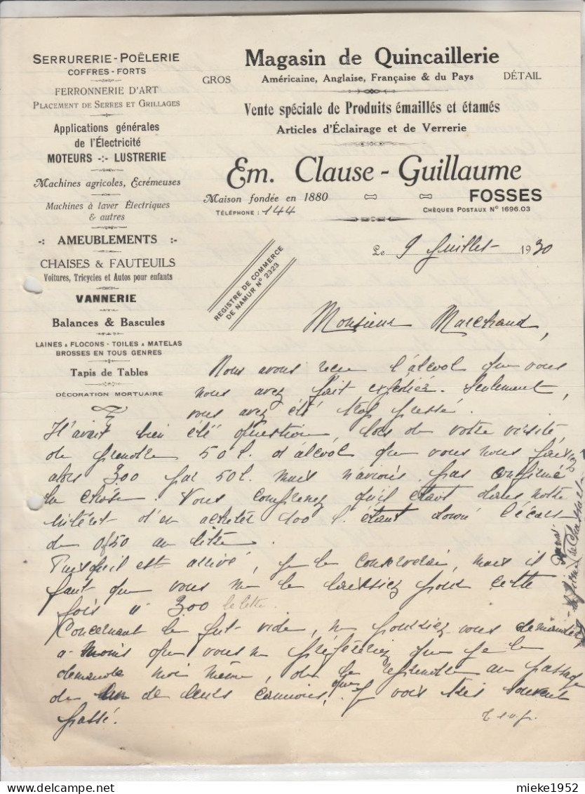 Fosses-la-Ville , Facture  1930  Em Clause - Guillaume ,Quincaillerie  Américaine Anglaise Française  Eclairage Verrerie - Fosses-la-Ville