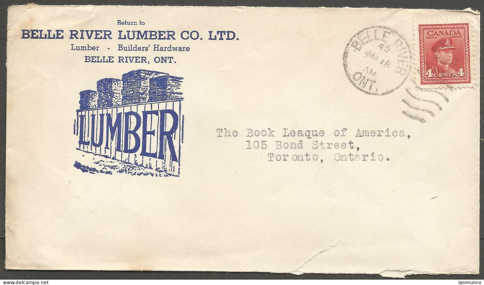 1945 Lumber Hardware Illustrated Advertising Cover 4c War Duplex Belle River Ontario - Storia Postale