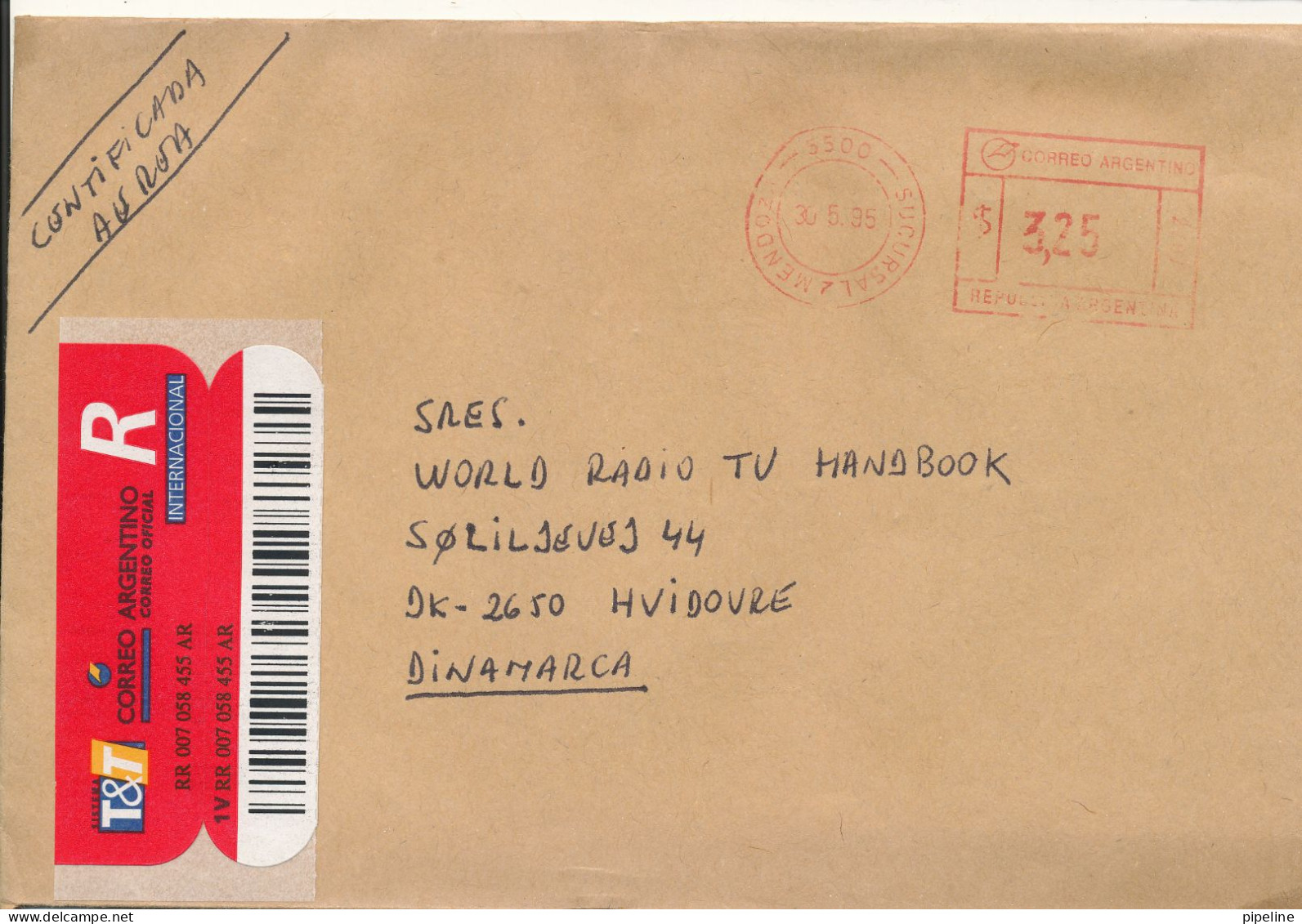 Argentina Registered Air Mail Cover With Meter Cancel Sent Denmark 30-5-1995 - Briefe U. Dokumente