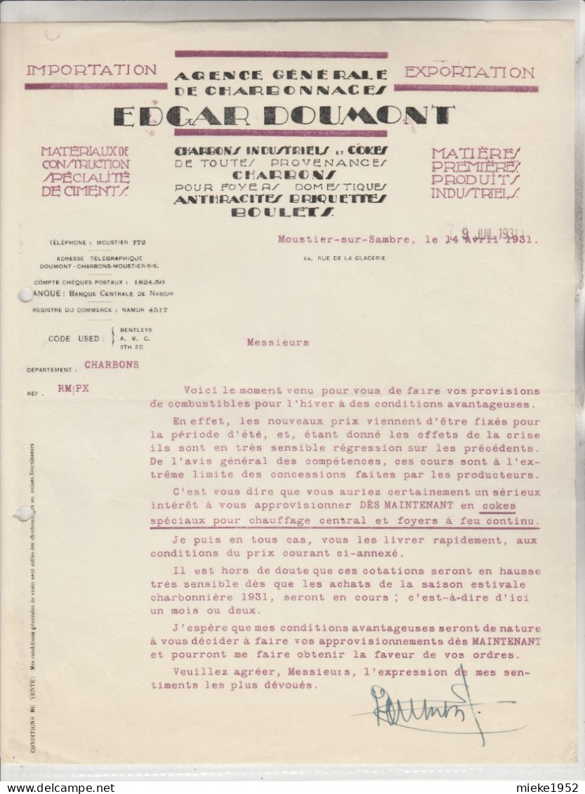 Moustier-sur-Sambre , Facture De 1931 , Agence Générale De Charbonnage : Edgar Doumont  ( Importation Exportation - Fosses-la-Ville