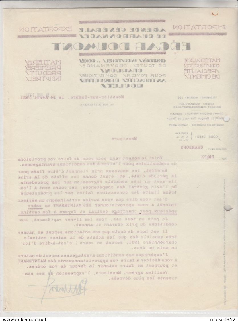 Moustier-sur-Sambre , Facture De 1931 , Agence Générale De Charbonnage : Edgar Doumont  ( Importation Exportation - Fosses-la-Ville