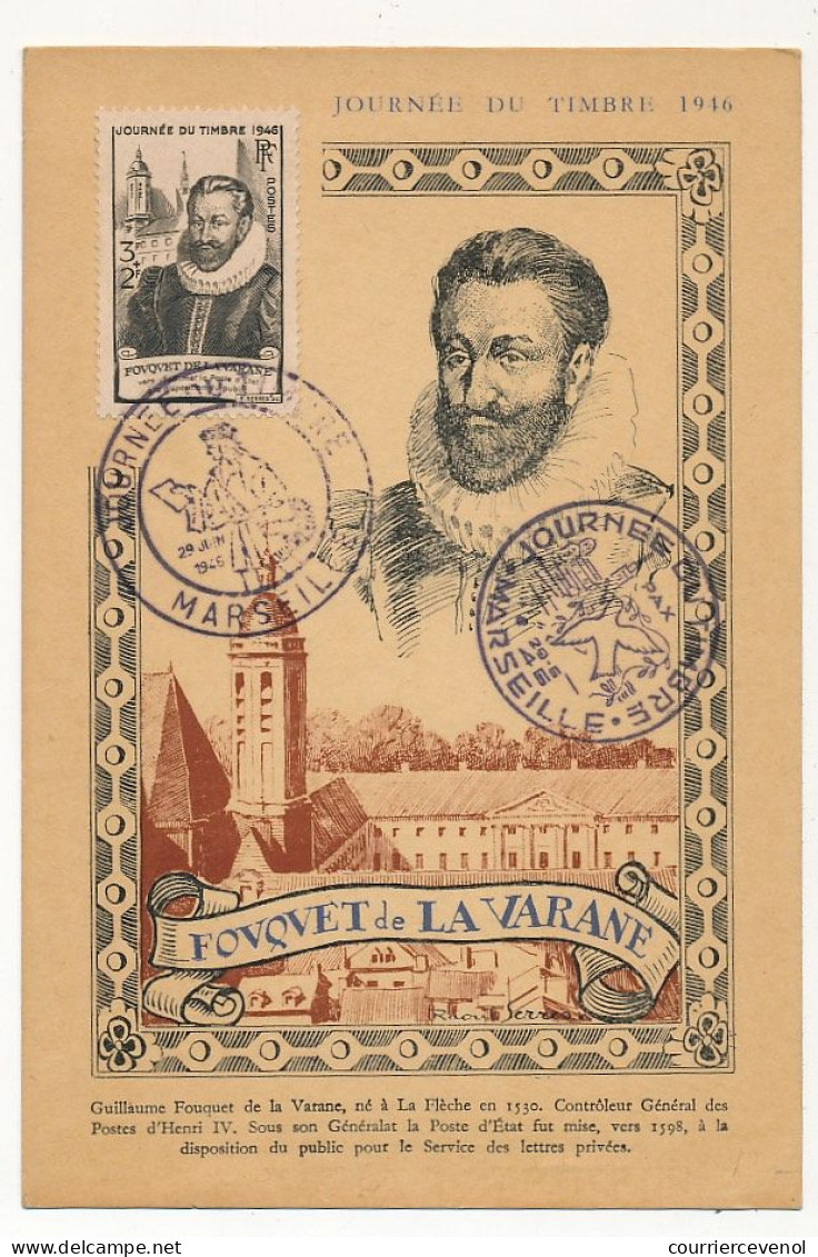FRANCE => MARSEILLE - Carte Officielle "Journée Du Timbre" 1946 Timbre Fouquet De La Varane / Cachet Privé - Storia Postale