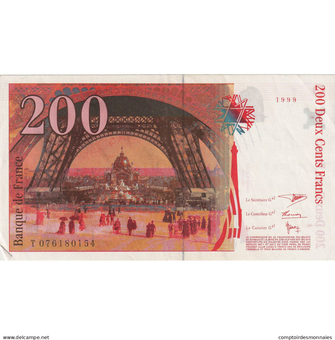 France, 200 Francs, Eiffel, 1999, T076180154, SPL, Fayette:75.5, KM:159b - 200 F 1995-1999 ''Eiffel''