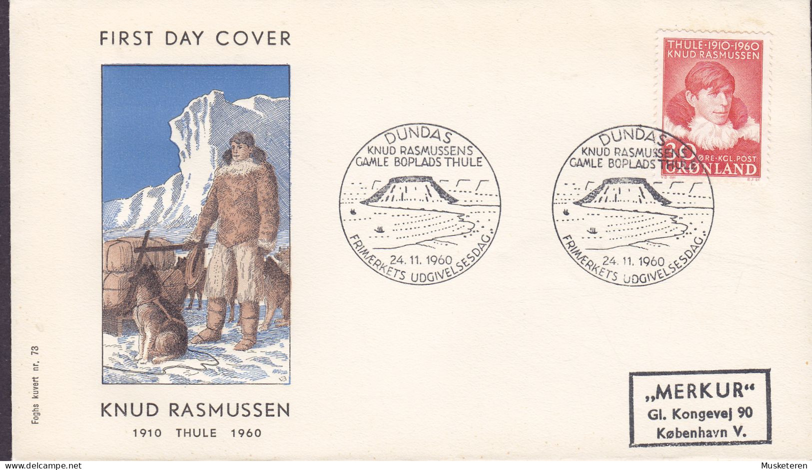 Greenland Ersttags Brief FDC Cover 1960 Knud Rasmussen Fogh Kuvert Nr. 73 Cachet - FDC