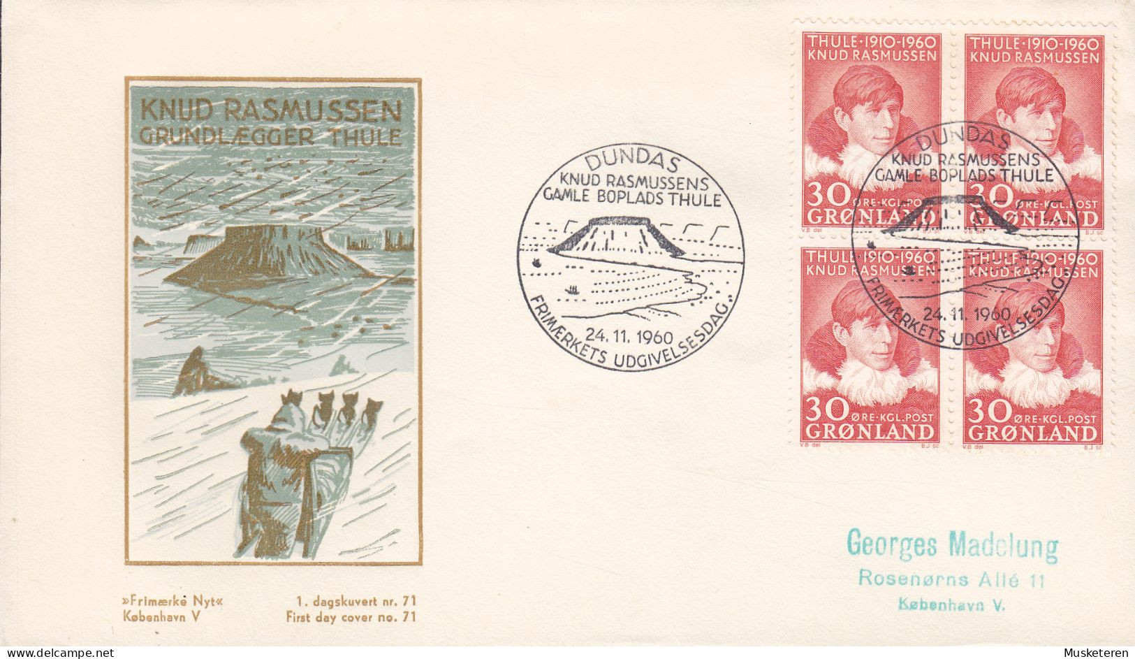 Greenland Ersttags Brief FDC Cover 1960 Knud Rasmussen Polarforscher 4-Block 'Frimærke-Nyt' No. 71 Cachet - FDC