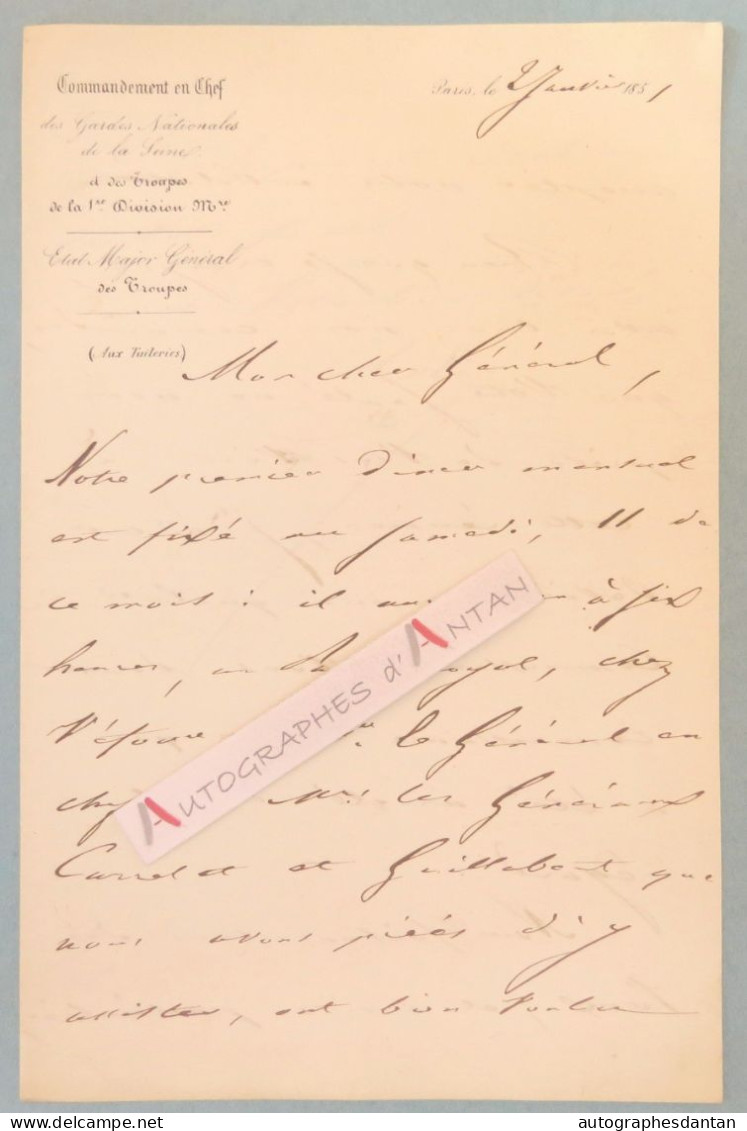 ● L.A.S 1851 Général Alexandre Alban ROLIN - Gardes Nationales De La Seine - Troupes Tuileries Sillery Lettre Autographe - Politiek & Militair