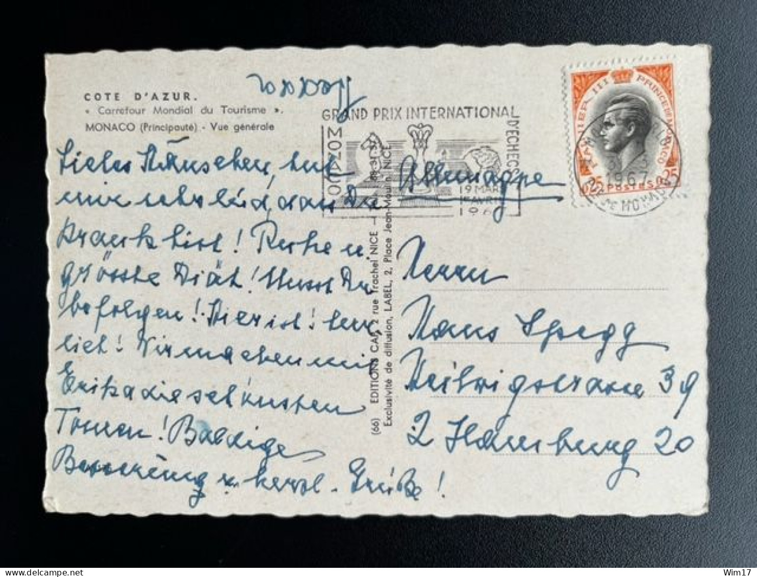 MONACO 1967 POSTCAR DMONTE CARLO TO HAMBURG POSTMARK CHESS GRAND PRIX INTERNATIONAL - Postal Stationery
