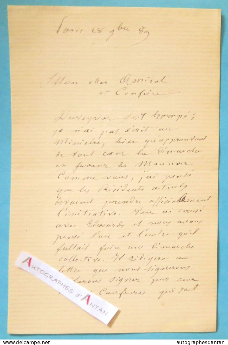 ● L.A.S 1889 Armand De QUATREFAGES Zoologiste Ernest Mouchez Duveyrier Maunoir Lettre Autographe Valleraugue Berthézène - Inventeurs & Scientifiques