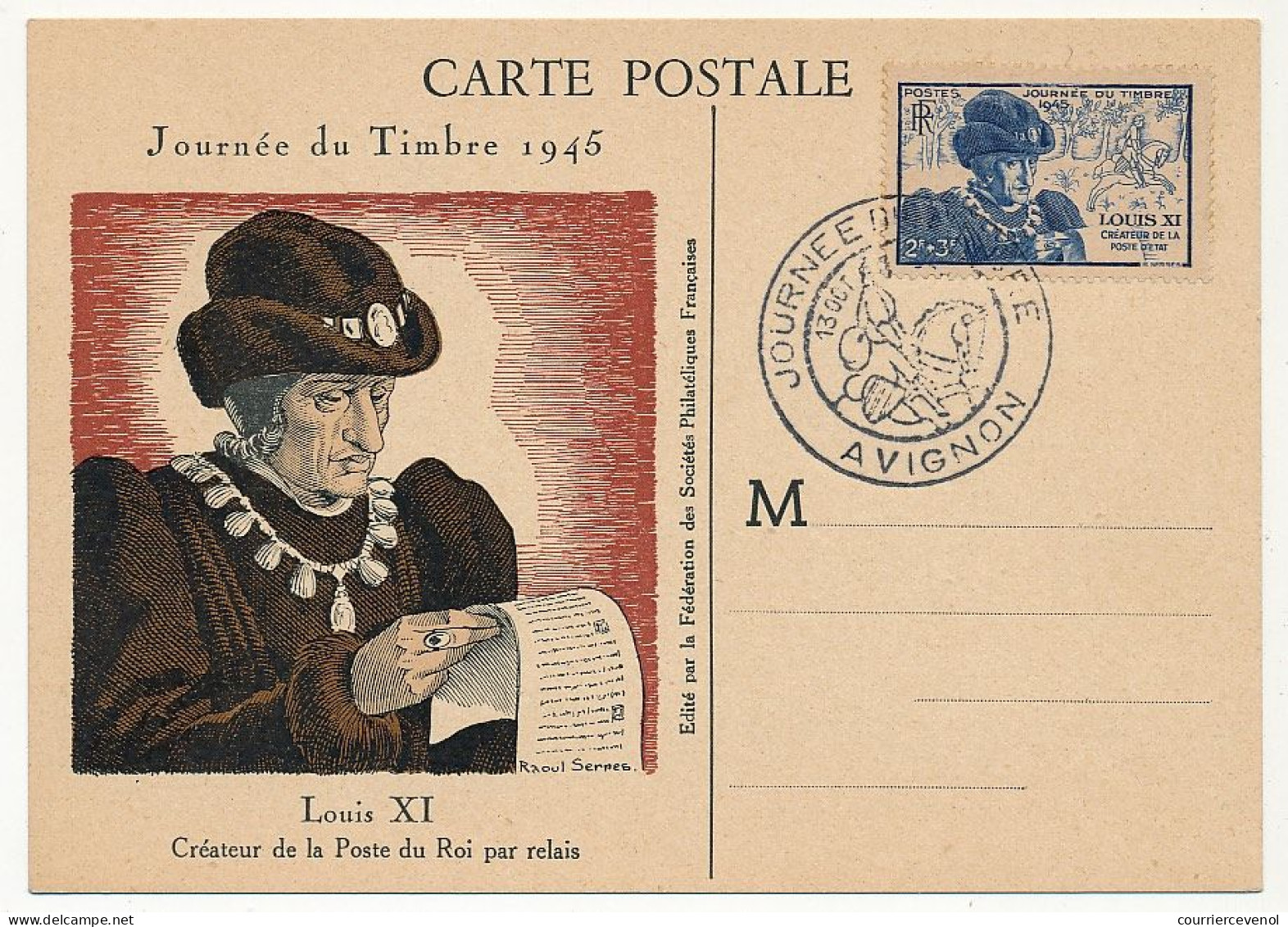 FRANCE => AVIGNON - Carte Officielle "Journée Du Timbre" 1945 Timbre Louis XI (carton Blanc) - Lettres & Documents