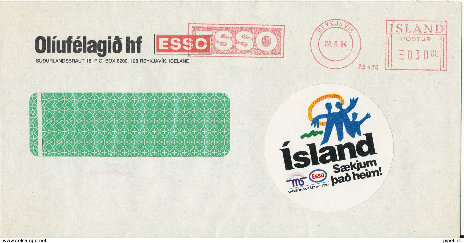 Iceland Cover With Meter Cancel 20-6-1994 (ESSO) (the Flap On The Backside Of The Cover Is Missing) - Lettres & Documents