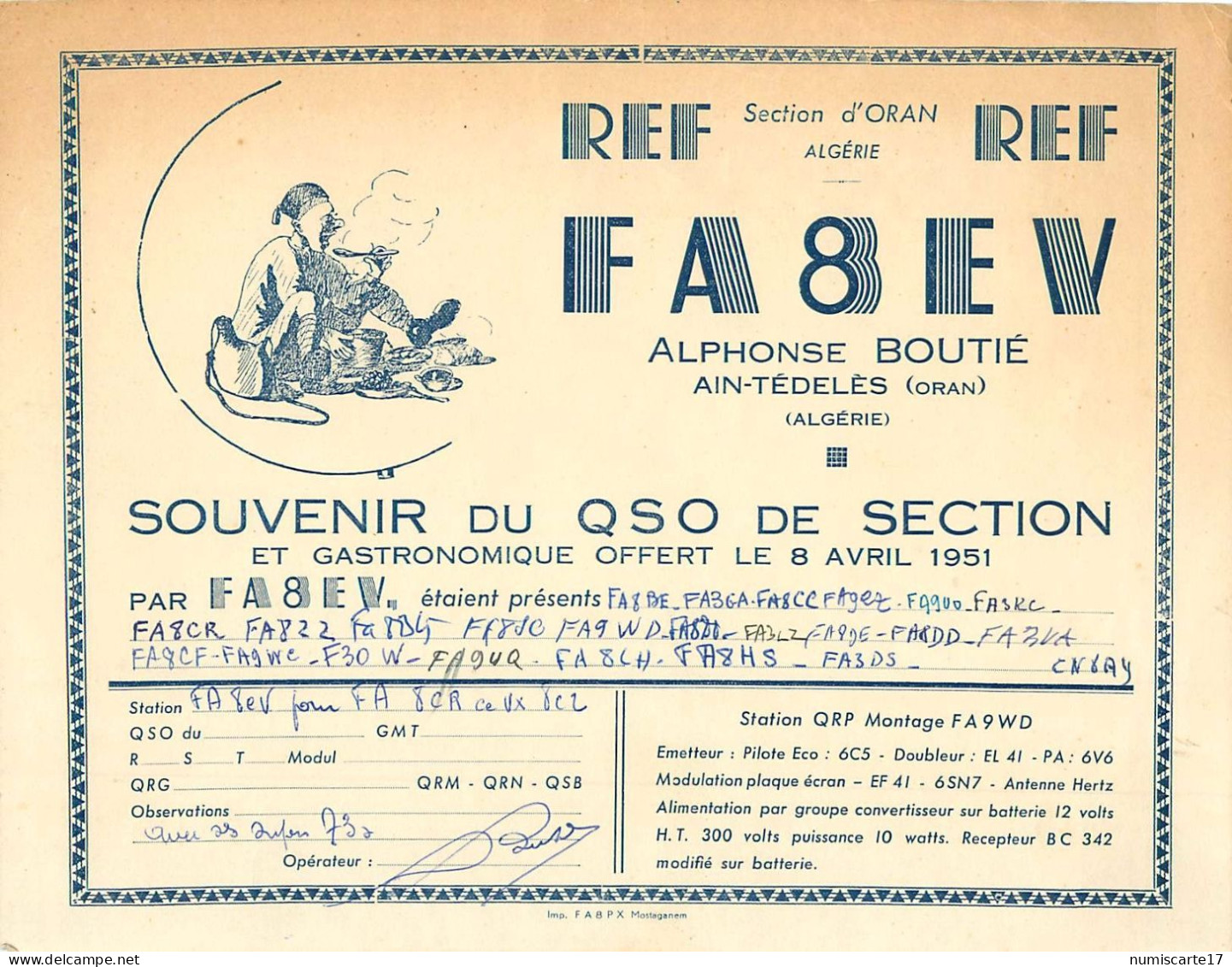 ALGERIE - Souvenir Du QSO De Section 1951 Et Gastronomique Alphonse BOUTIE, Ain Tédelès, Grand Format 21x27cm - Otros & Sin Clasificación