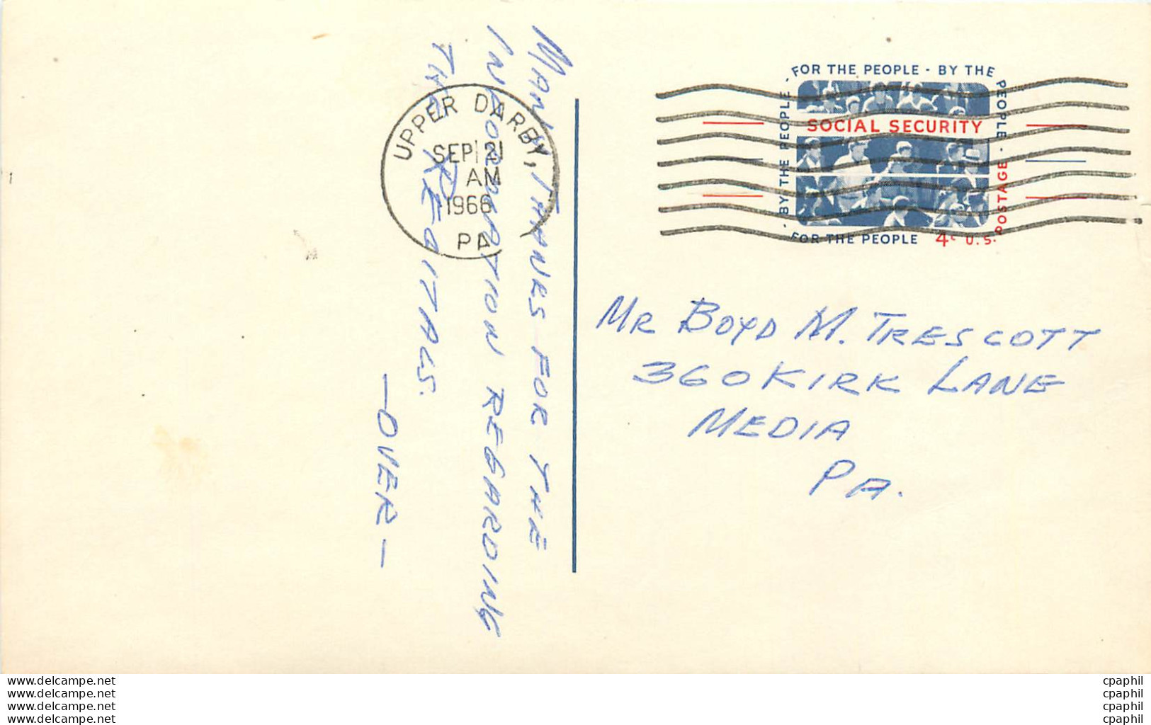 Lettre Cover Etats-Unis Stationary 4c Upper Darby 1966 Social Security - 1961-80