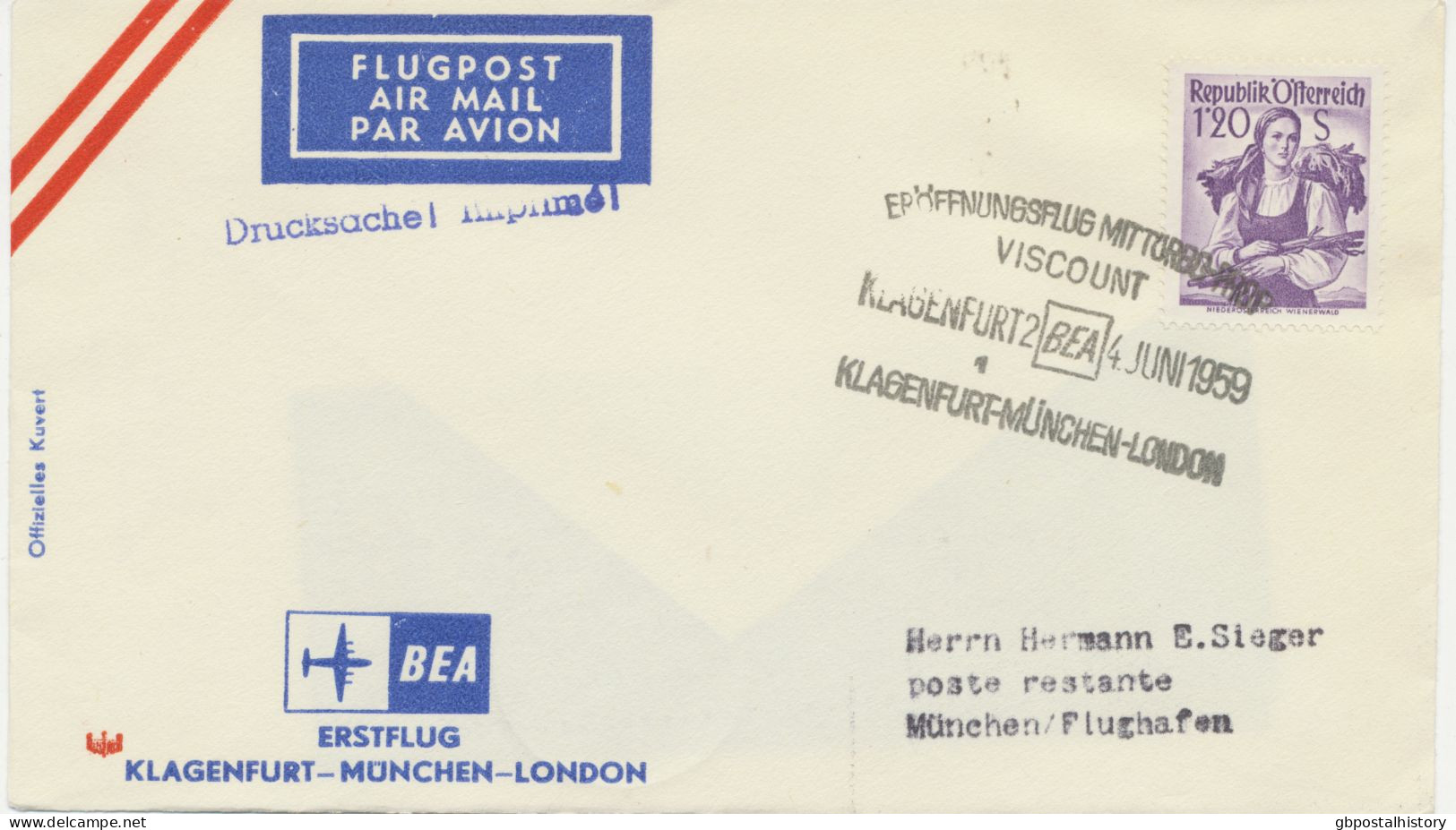 ÖSTERREICH 4.6.1959, Erstflug Der BEA Mit Turbo-Prop Viscount „KLAGENFURT – MÜNCHEN“ (Hab.2645/74) - Primeros Vuelos