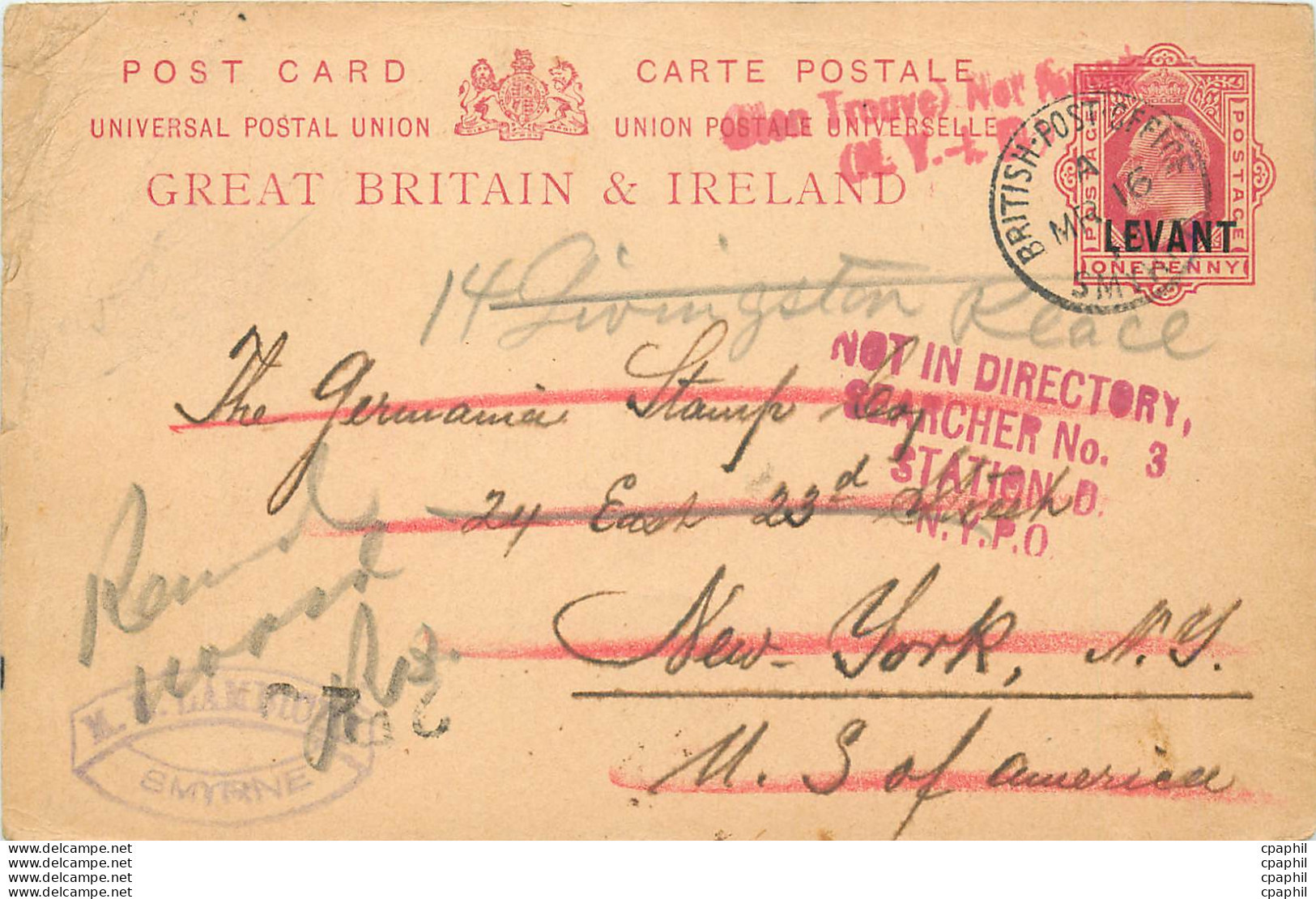 Entier Postal Postal Stationary Grande Bretagne Great Britain Levant To New York - Britisch-Levant