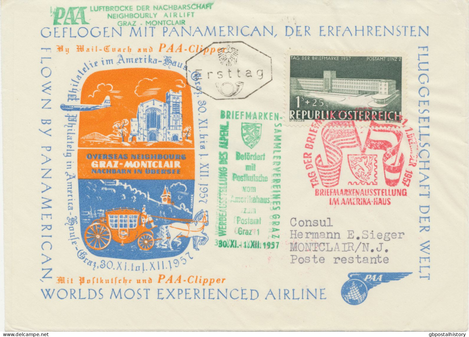 ÖSTERREICH 1.12.1959, PAA Luftbrücke Der Nachbarschaft Sonderflug  „GRAZ – MONTCLAIR, USA“ Brief Wurde Mit Postkutsche - First Flight Covers