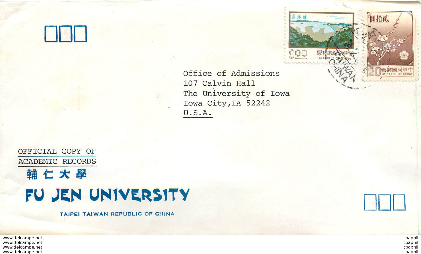 Lettre Cover Chine China University Iowa Fu Jen - Cartas & Documentos