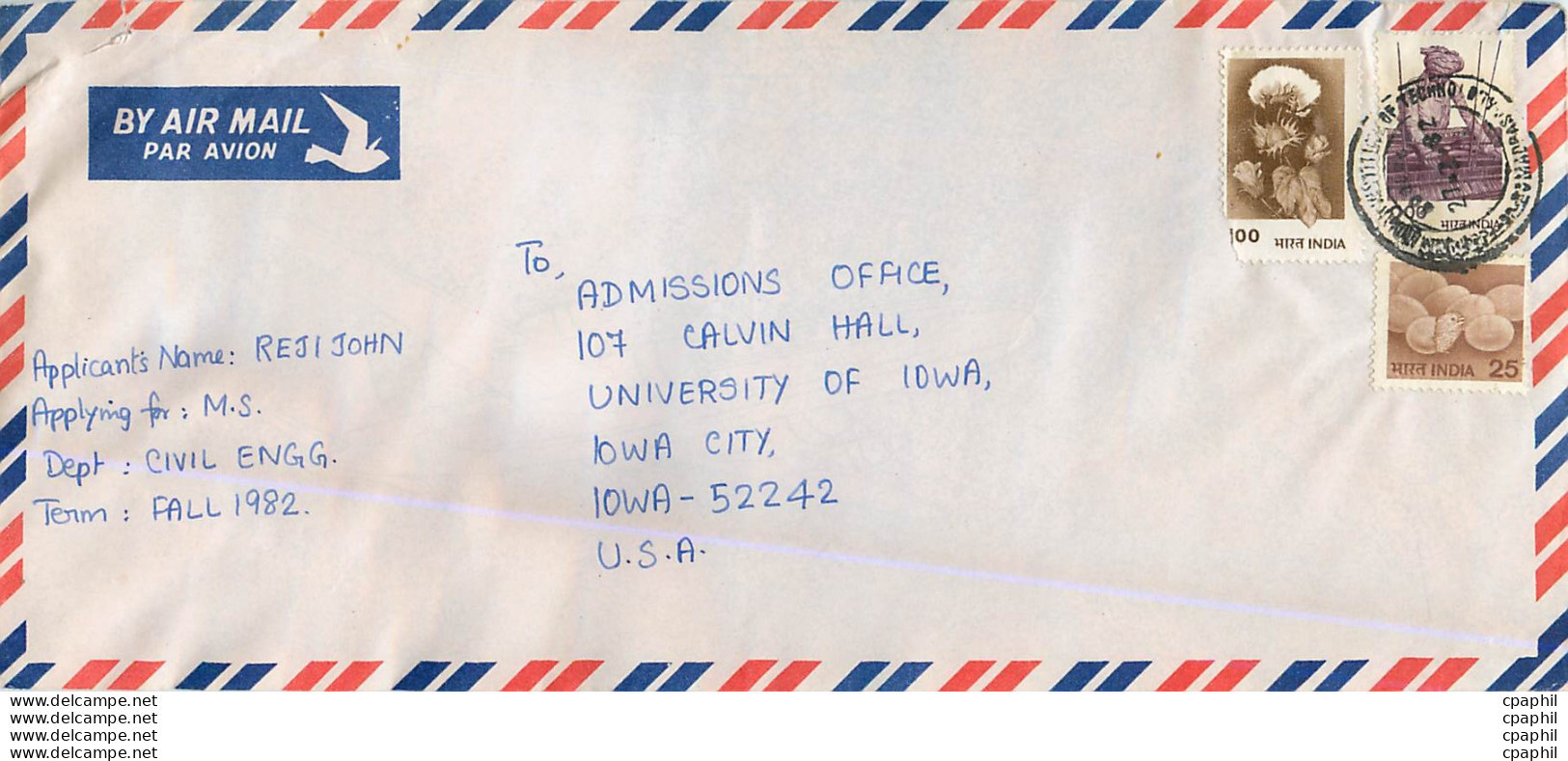 Lettre Cover Inde India University Iowa - Covers & Documents