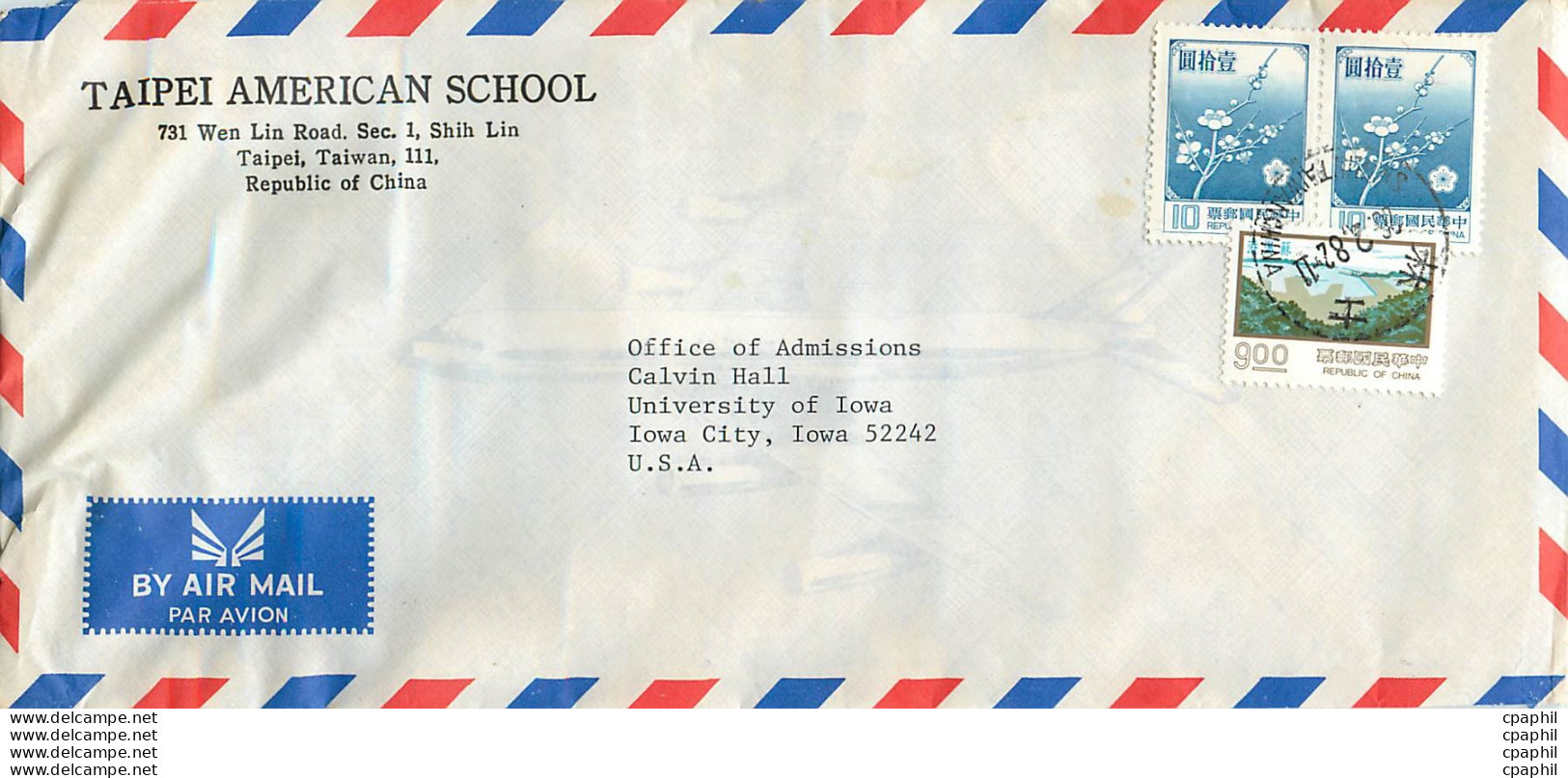 Lettre Cover Chine China University Iowa Taipei American School - Lettres & Documents