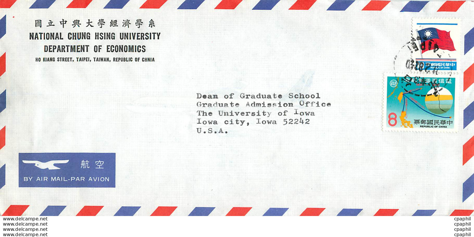 Lettre Cover Chine China University Iowa Chung Hsing - Lettres & Documents