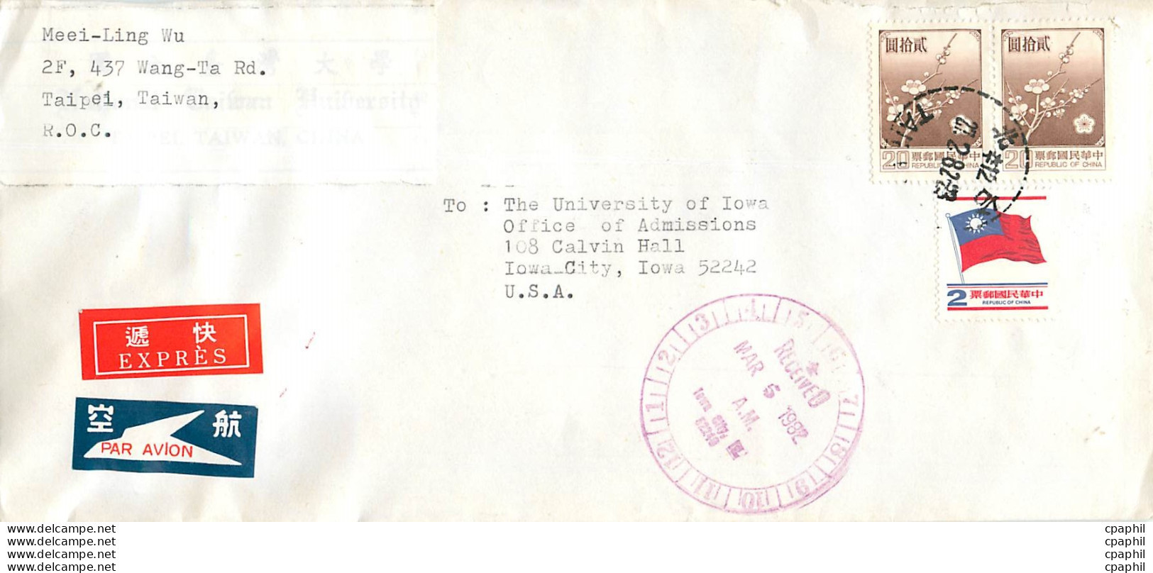 Lettre Cover Chine China University Iowa Taipei - Brieven En Documenten