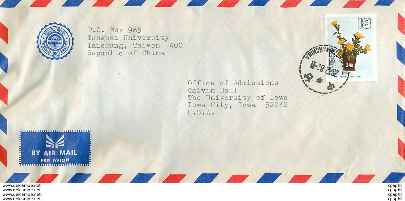 Lettre Cover Chine China University Iowa Taichung - Storia Postale