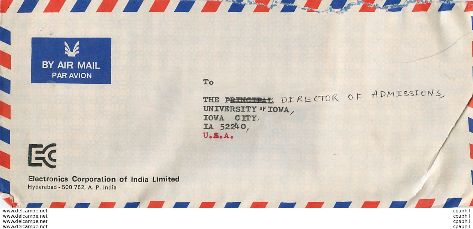 Lettre Cover Inde India University Iowa - Cartas & Documentos
