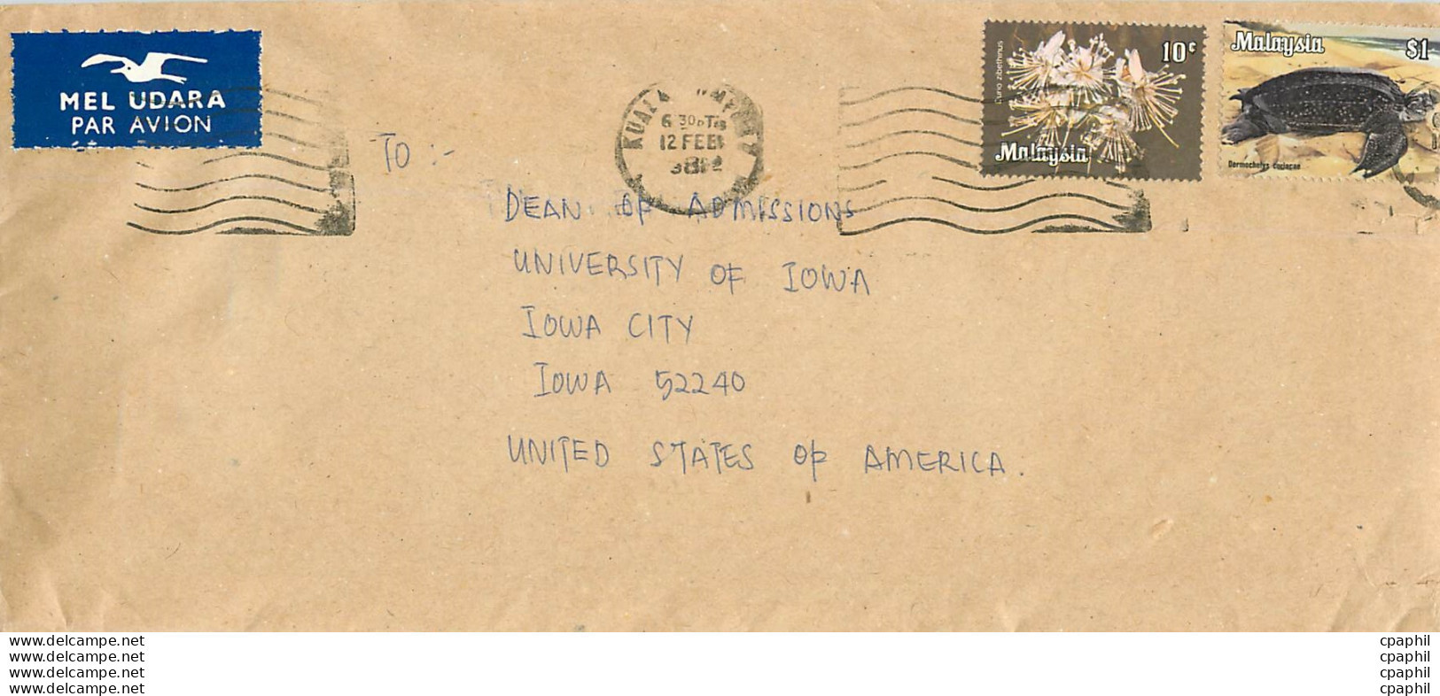 Lettre Cover Malaisie University Iowa Tortue Turtle - Malaysia (1964-...)