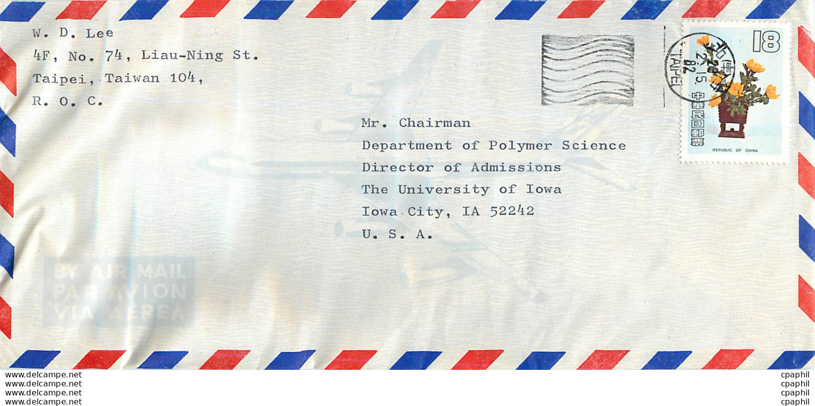 Lettre Cover For University Of Iowa Chine - Covers & Documents