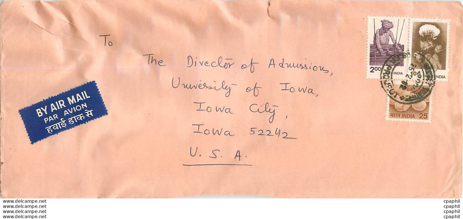 Lettre Cover For University Of Iowa Inde India - Lettres & Documents