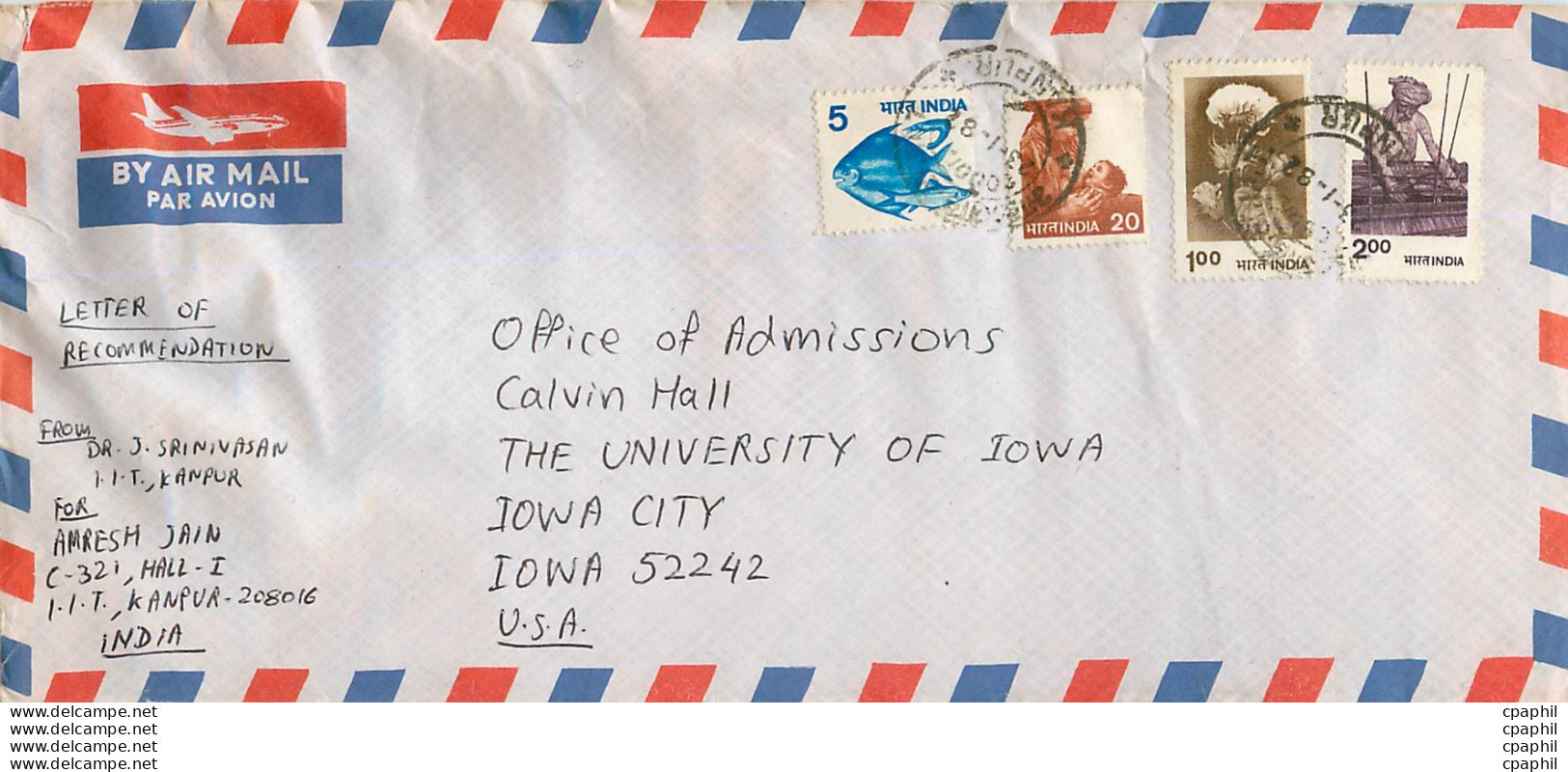 Lettre Cover For University Of Iowa Inde India - Covers & Documents
