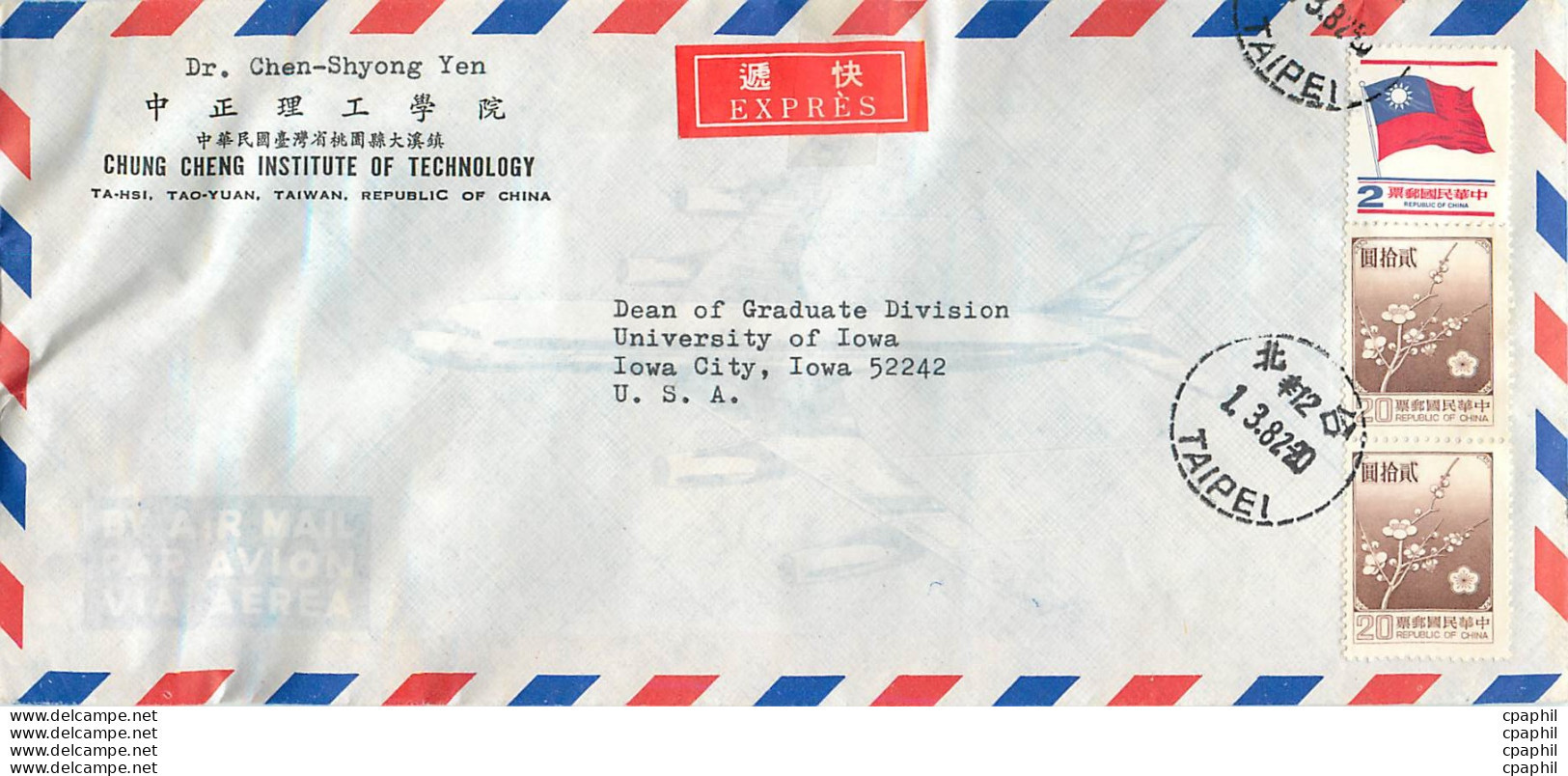 Lettre Cover Chine China University Iowa Taipei Chung Cheng - Cartas & Documentos