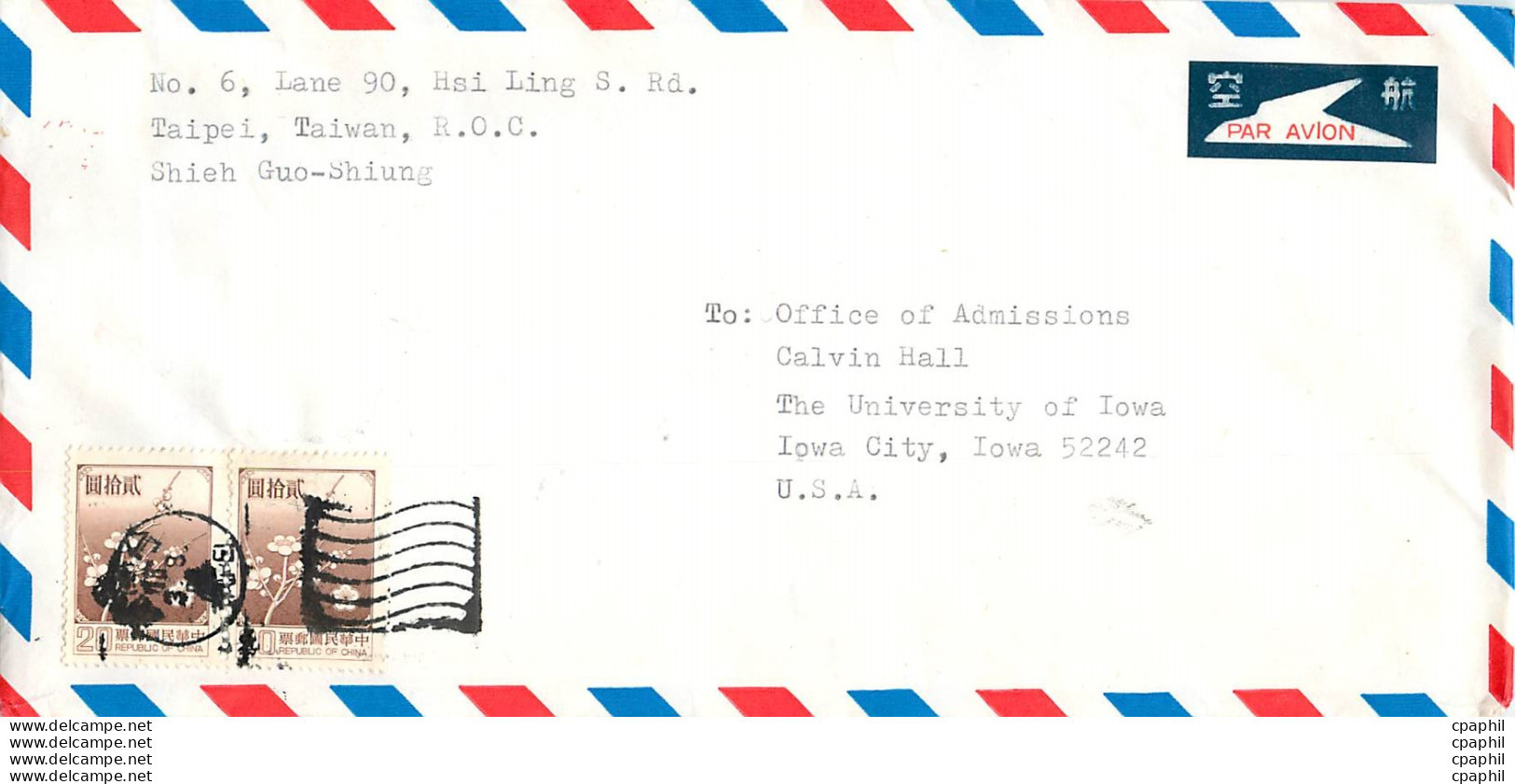 Lettre Cover Chine China University Iowa Taipei - Lettres & Documents