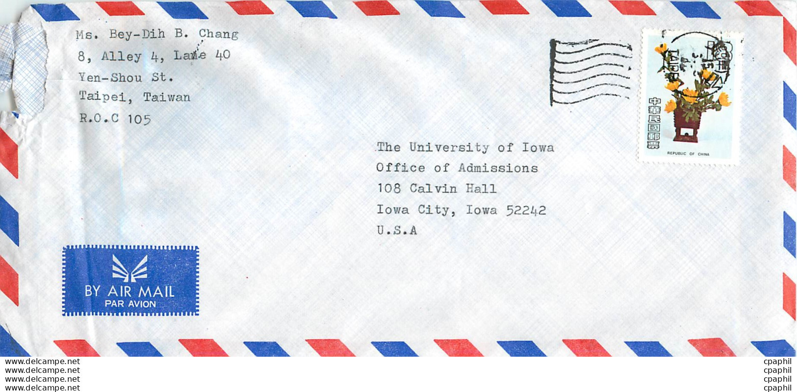 Lettre Cover Chine China University Iowa Taipei - Storia Postale
