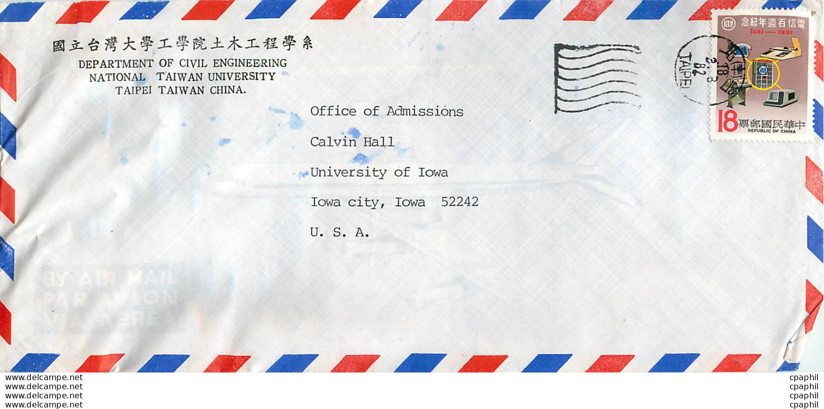 Lettre Cover Chine China University Iowa Taipei - Brieven En Documenten