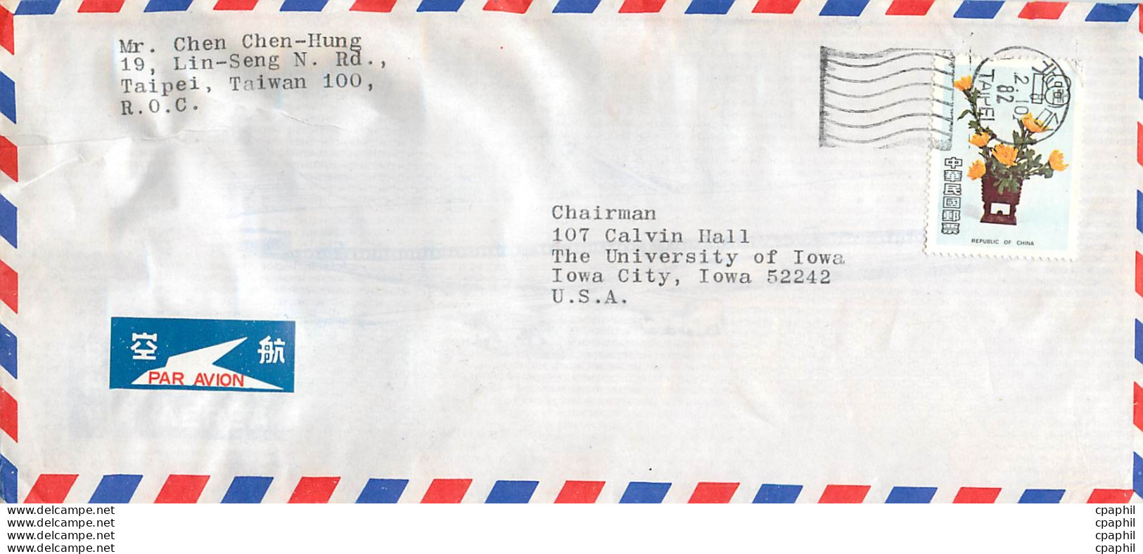 Lettre Cover Chine China University Iowa Taipei - Briefe U. Dokumente