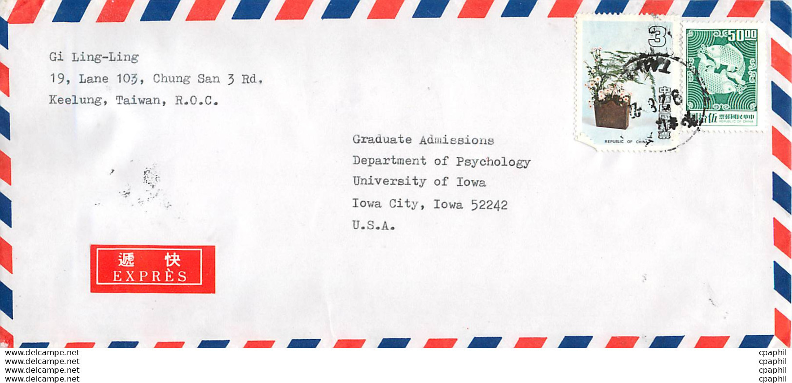 Lettre Cover Chine China University Iowa Taipei - Briefe U. Dokumente