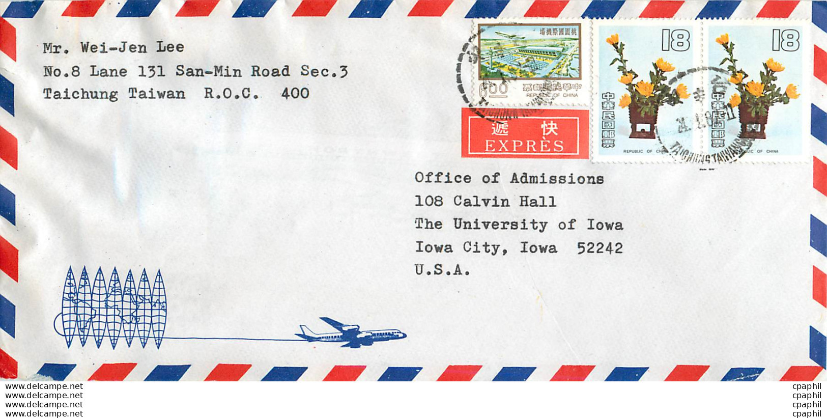 Lettre Cover Chine China University Iowa Taipei - Covers & Documents