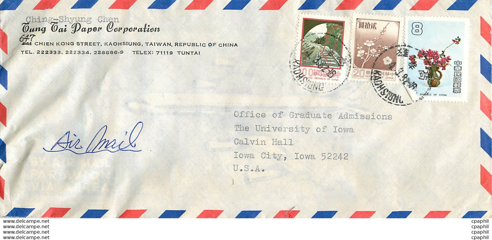 Lettre Cover Chine China University Iowa Taipei Tung Tai Paper Corporation - Lettres & Documents