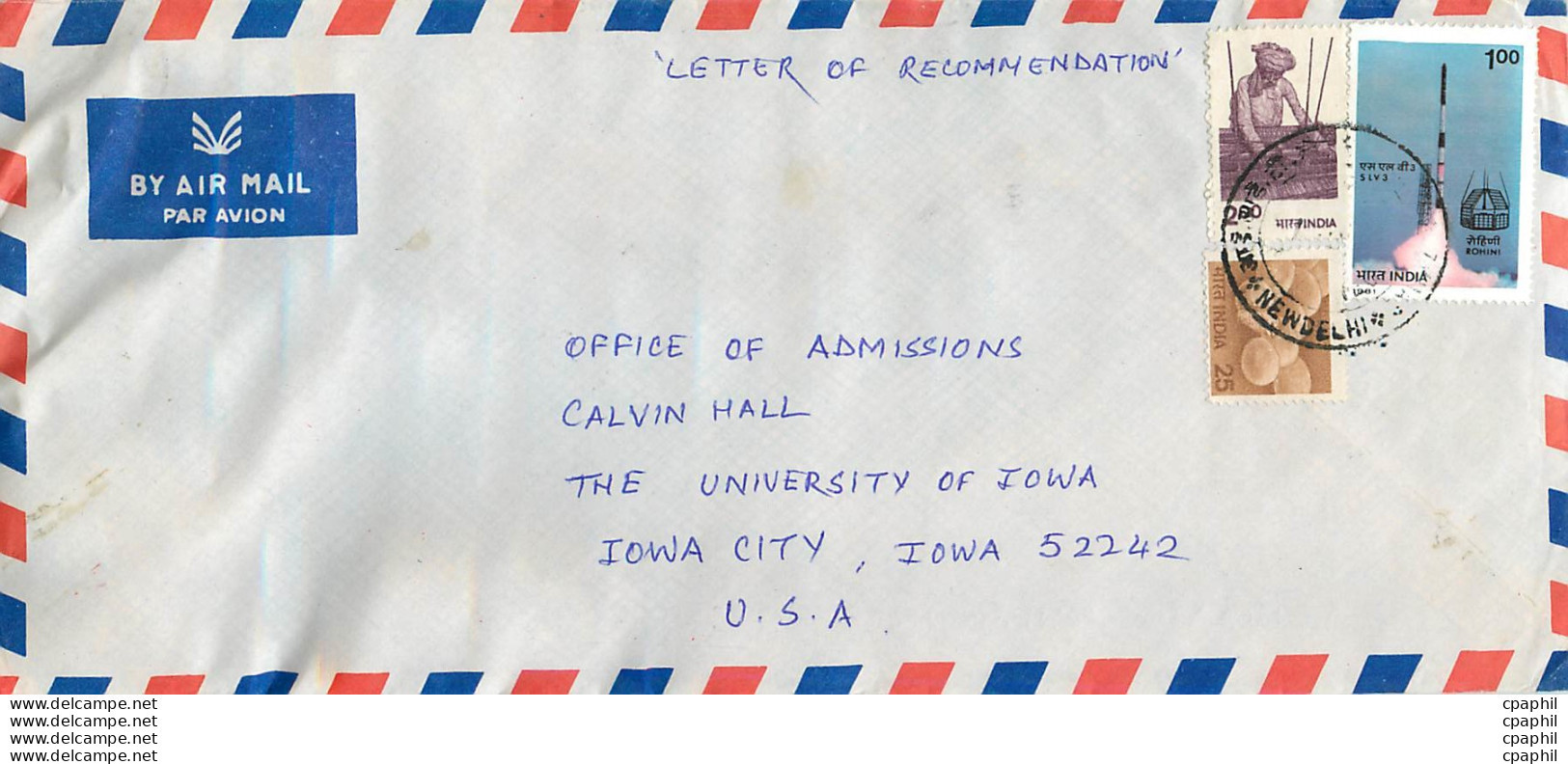 Lettre Cover Inde India University Iowa Usee Espace - Covers & Documents