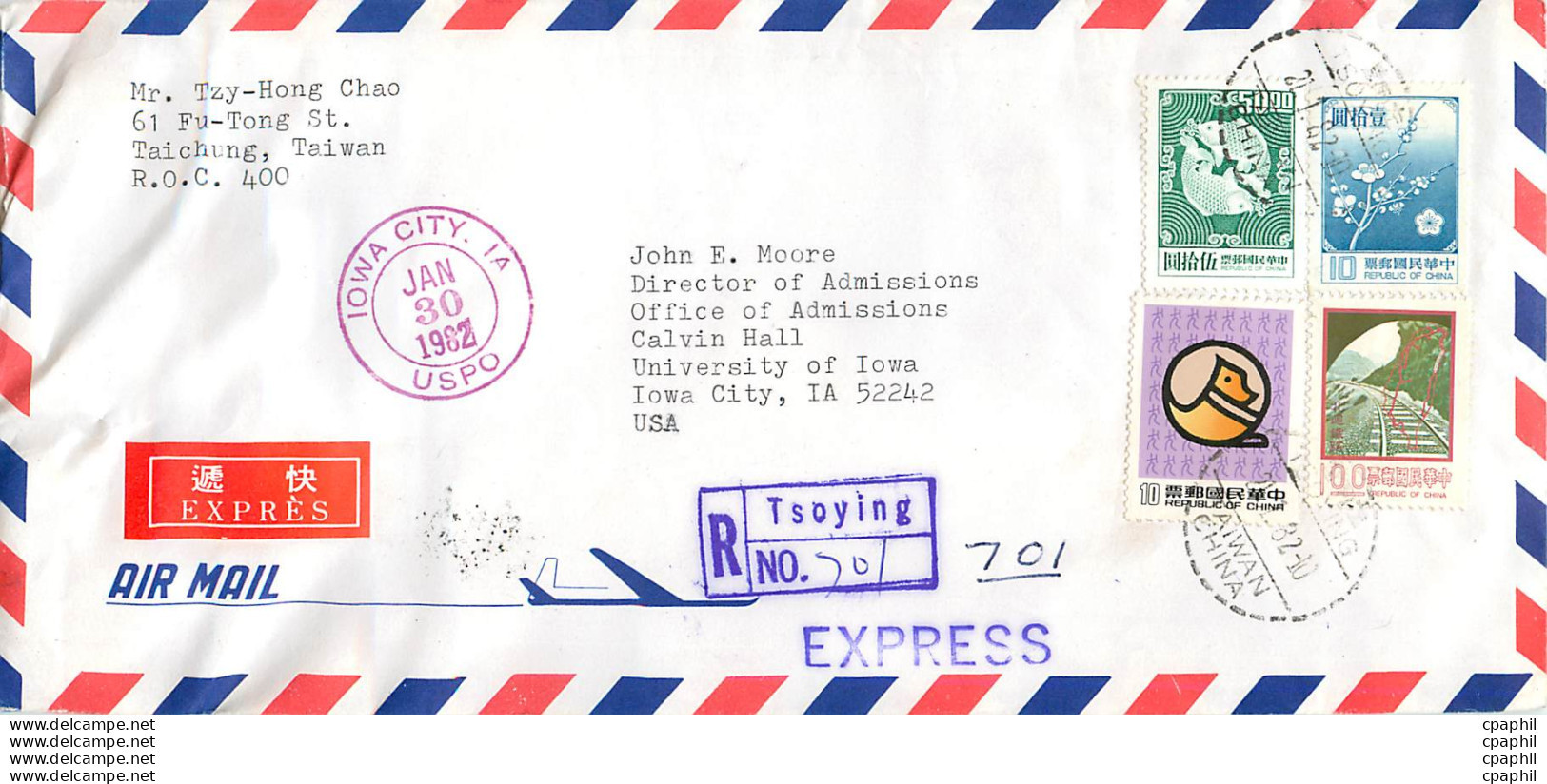 Lettre Cover Chine China University Iowa Taipei - Brieven En Documenten