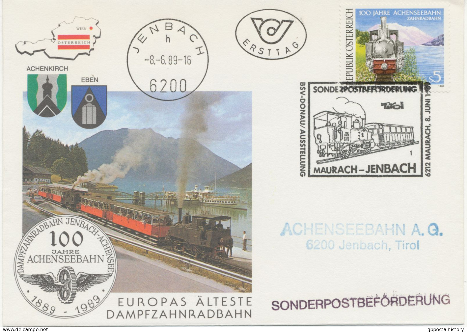 ÖSTERREICH 1989, 100 Jahre Achsenseebahn FDC M. ESST „JENBACH“ Und ESST „SONDERPOSTBEFÖRDERUNG Tirol MAURACH – JENBACH" - Lettres & Documents
