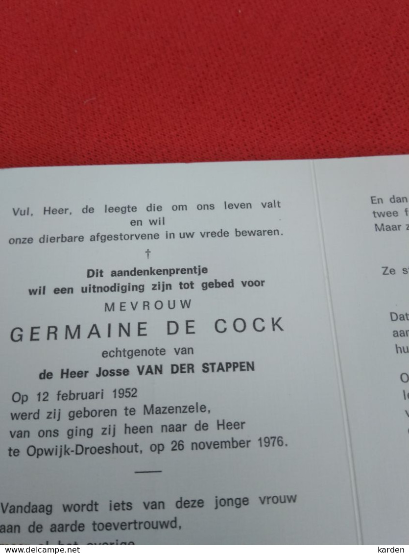 Doodsprentje Germaine De Cock / Mazenzele 12/2/1952 Opwijk Droeshout 26/11/1976 ( Josse Van Der Stappen ) - Religion & Esotérisme