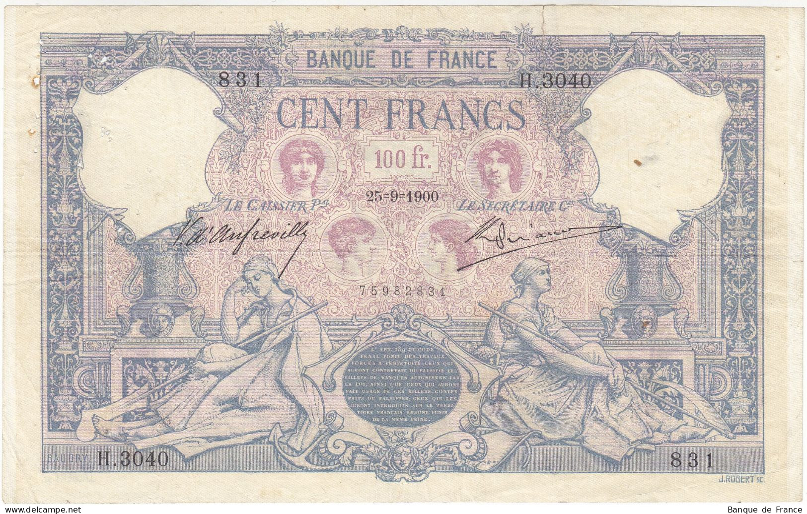 100 F Bleu Et Rose Du 25-9-1900 FAY 21.14 Alph. H.3040 Date Assez Rare - 100 F 1888-1909 ''Bleu Et Rose''