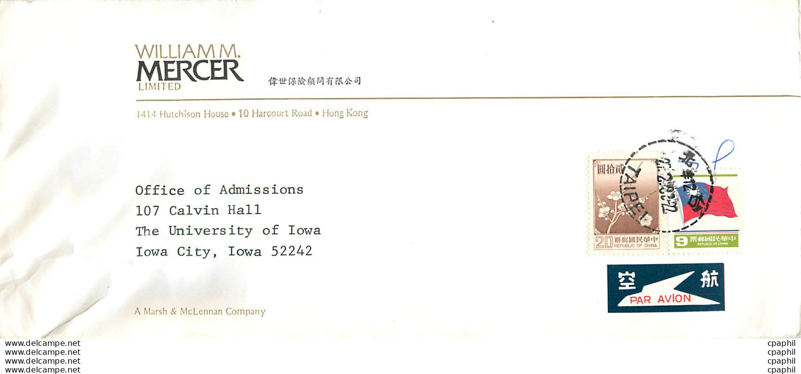 Lettre Cover Chine China University Iowa William Mercer Hong Kong - Briefe U. Dokumente