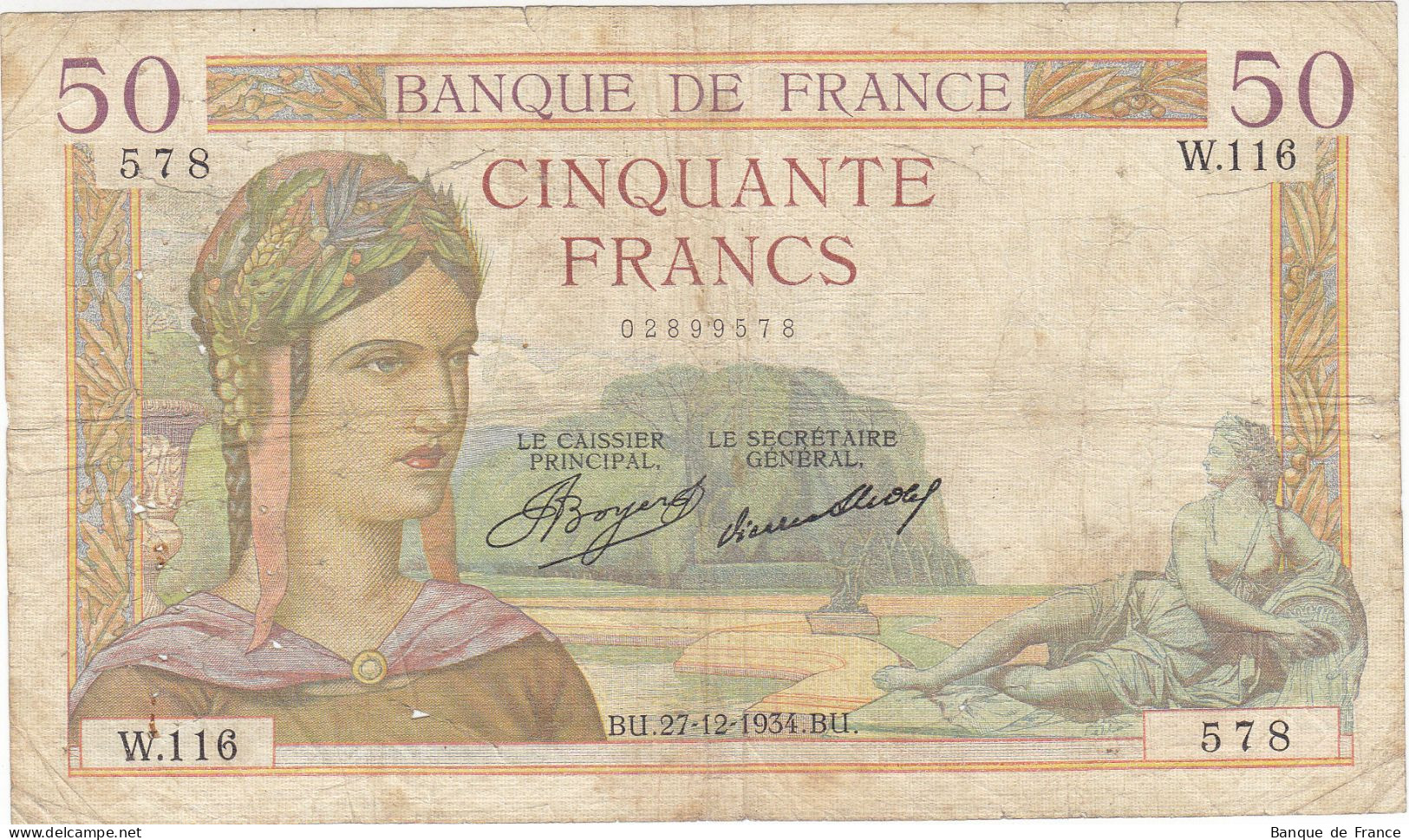 Billet 50 F Cérès Du 27-12-1934 FAY 17.02 Alph. W.116 - Date RARE - 50 F 1934-1940 ''Cérès''