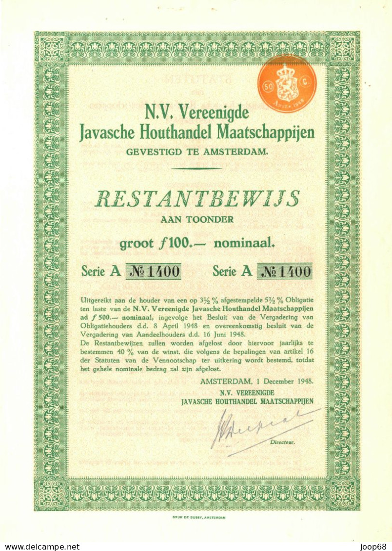 N.V. Vereenigde Javasche Houthandel Maatschappijen - Restantbewijs Groot F 100,-, Amsterdam, 1 December 1948 Indonesia - Landwirtschaft