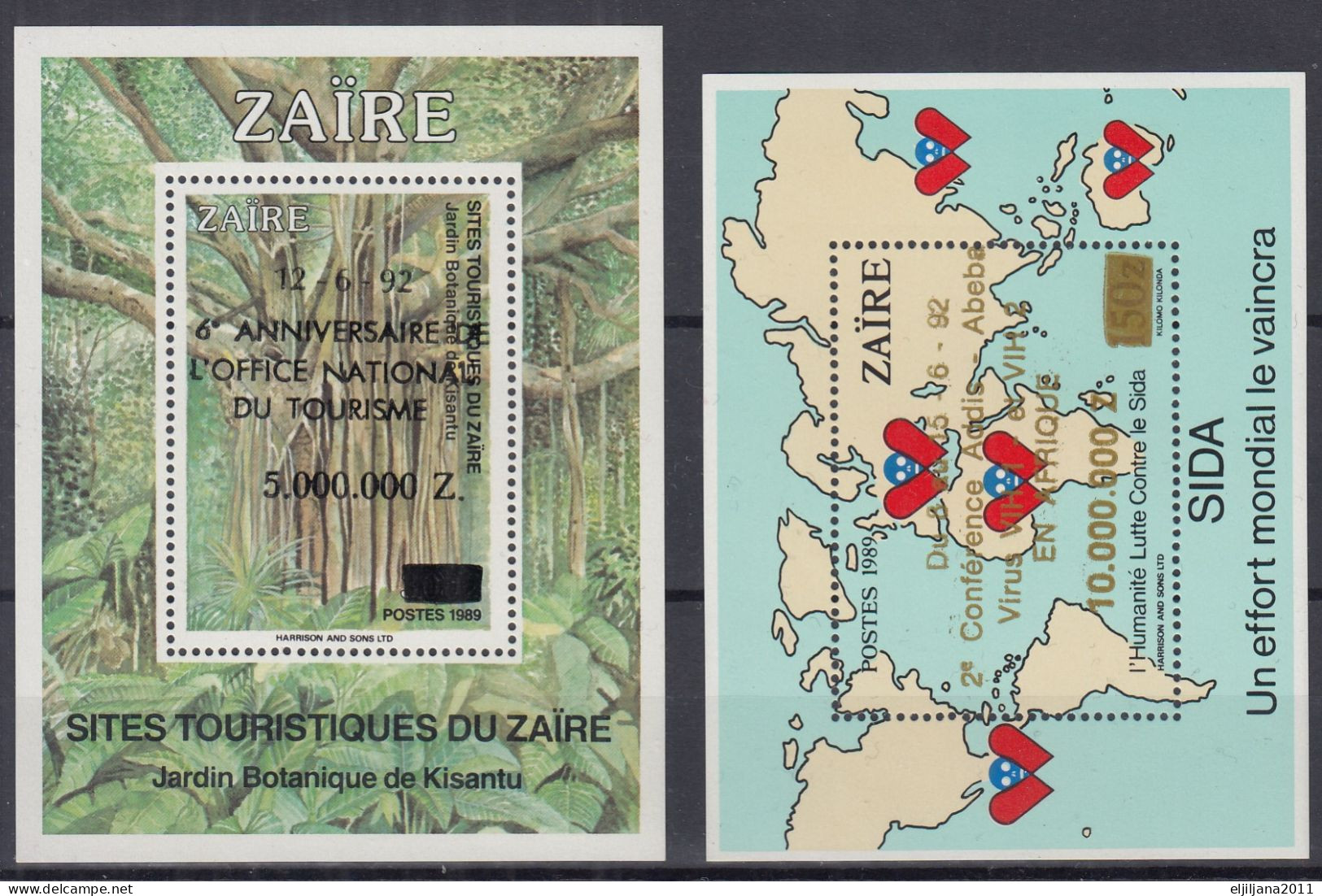 ZAIRE 1992 CONGO KINSHASA ⁕ Overprint - Tourism & Conference Addis Abeba For AIDS - SIDA ⁕ 2v MNH Blocks - Nuevos