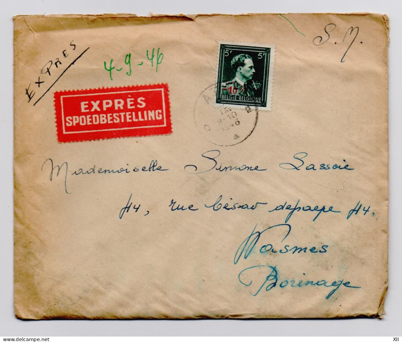5Fr. Léopold III Surch. -10% Oblsur Lettre Exprès Du 04-09-1946 Vers Wasmes Scan Recto-Verso - 1946 -10%