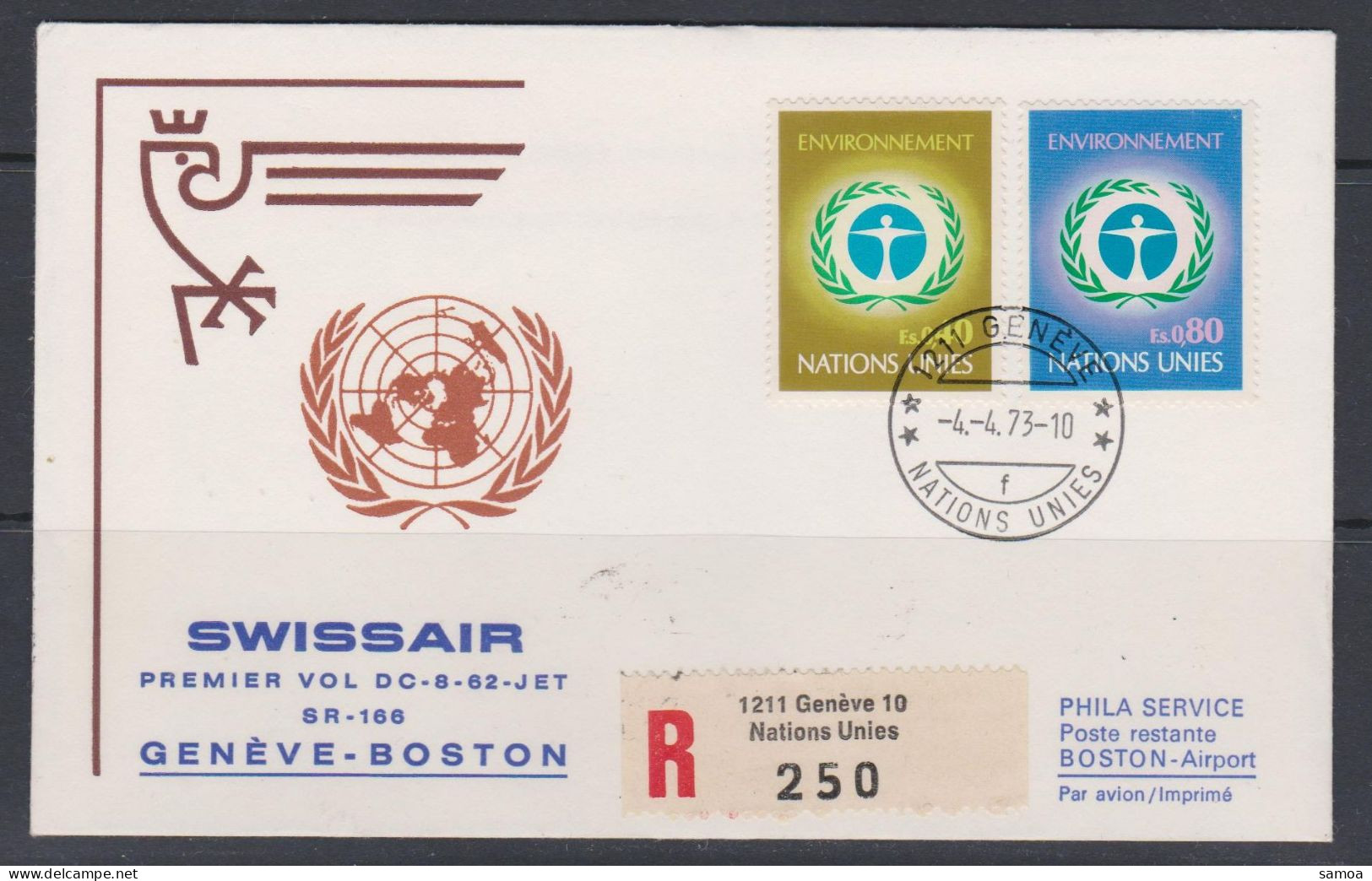 Nations Unies Genève FDC 1973 Swissair Vol Genève Boston 25-26 Environnement - FDC