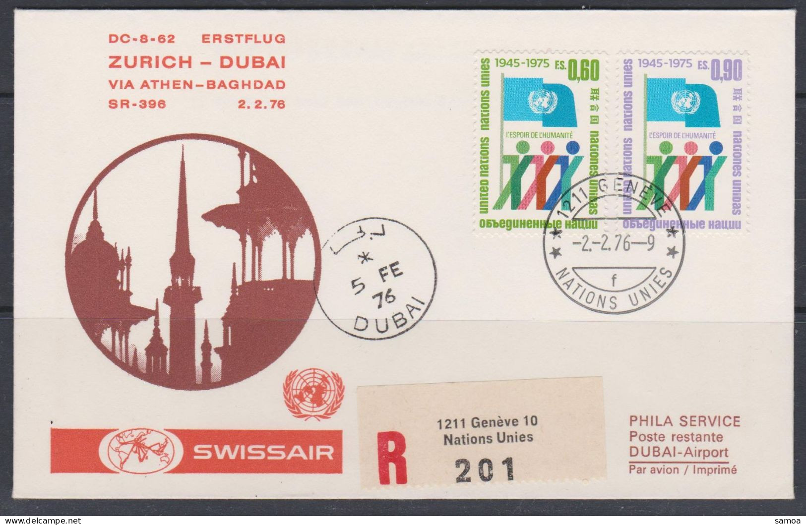 Nations Unies Genève FDC 1976 Swissair Vol Zurich Dubaï 50-51 30e Anniversaire Des Nations Unies - FDC